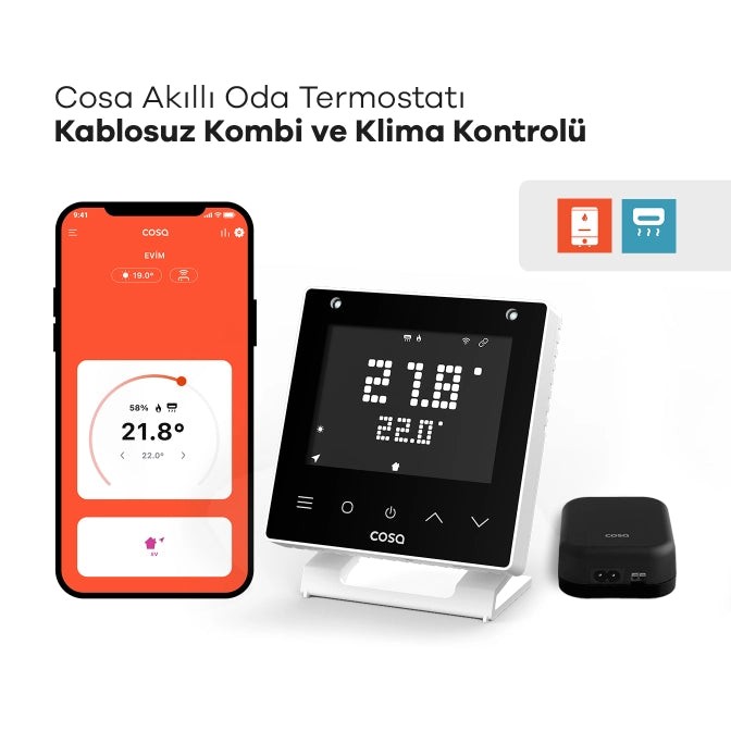 Cosa Akıllı Oda Termostatı Kablosuz Kombi ve Klima Kontrolü V5 Beyaz